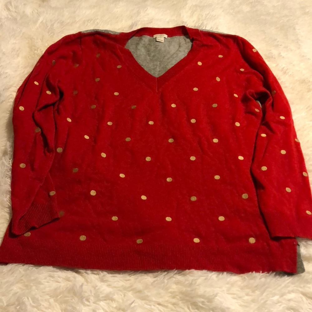 J Crew red pullover sweater w/ gold polka dots  L